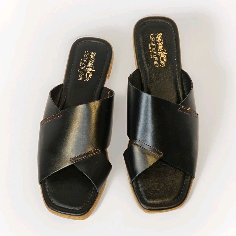 Coach and Four Black Italian Leather Criss Cross Slide Sandals | Size 8M